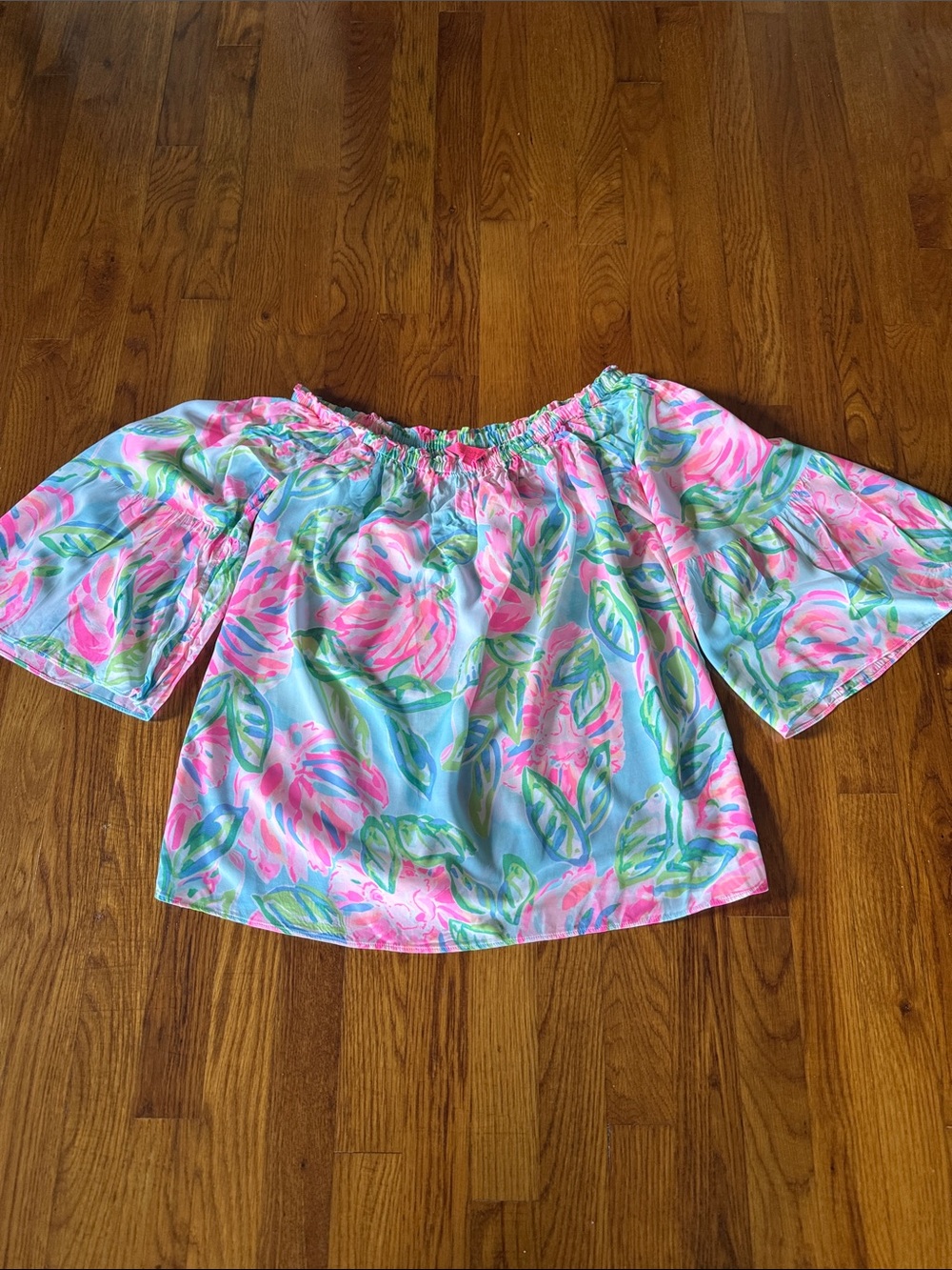 Lilly Pulitzer Pink & Blue Off-Shoulder Floral Bell Sleeve Top